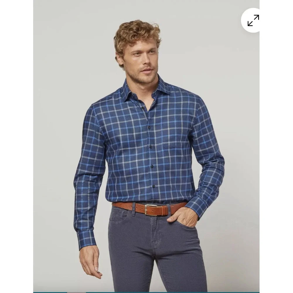 johnnie-O Fayette Button‎ Up Shirt Wake Checked Cotton Blue Medium NWT $168